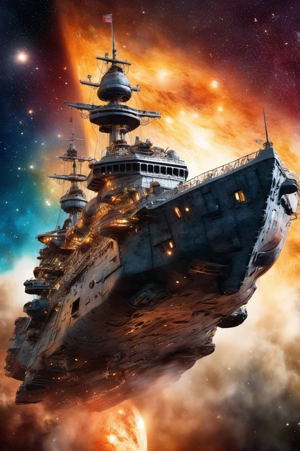 (masterpiece:1.4), best quality, watercolor, ink, oil and pencil, oil painting, from side heavy capital class battleship medival pirate ship in a nebula (asteroid field) action camera view epic render Style-Volumetric  (illustration:1.2) (detailed) (intricate)