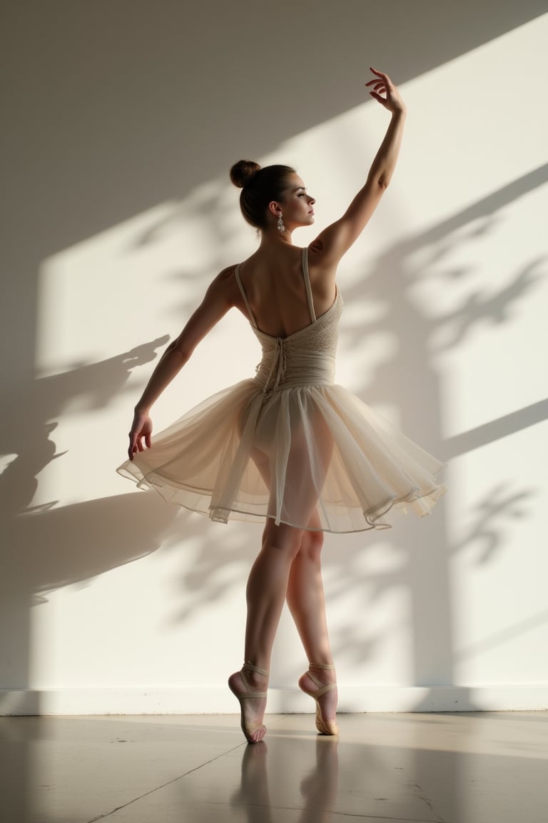 masterpiece, 8k, HDR, 3D, best quality, photography, analog style, real life, extremely beautiful, (highly detailed, intricately detailed), (very detailed skin), (alluring eyes), the image of an elegant woman dancer classical dance in front of a white wall, her illuminated silhouette casts a shadow on the wall in front of her.