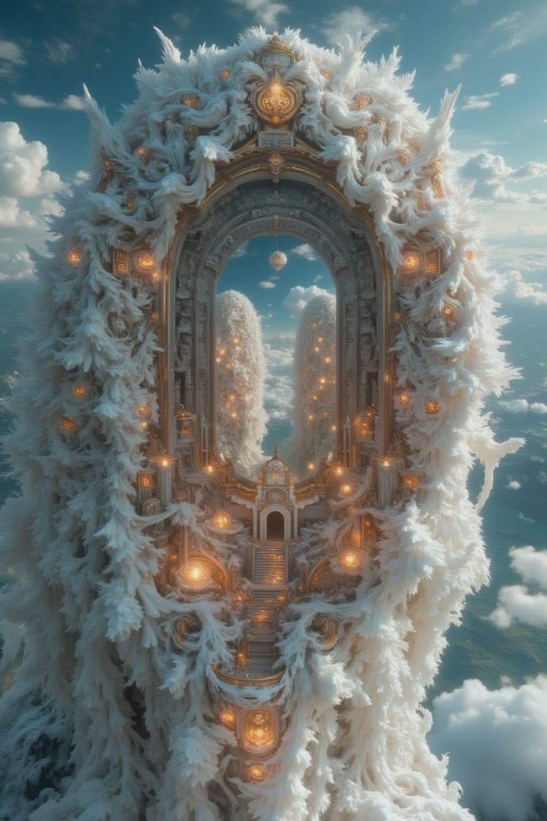 masterpiece, 8k, HDR, 3D, best quality, photography, analog style, real life, extremely beautiful, (highly detailed, intricately detailed), (very detailed skin), (alluring eyes),an image inside a giant crystal of a surreal landscape of a floating city in the sky, where buildings are made of delicate strands of spider silk and wind chimes made of pure crystal sing in harmony with the whispers of the gods