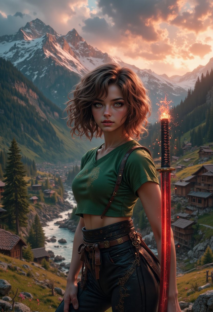 masterpiece, 8k, HDR, 3D, best quality, photography, analog style, real life, extremely beautiful, (highly detailed, intricately detailed), (highly detailed skin), (alluring eyes), an image of (1female), small waist, long curly brown hair, green eyes, makeup, glossy lips, looking at the viewer, wearing black pants and a green t-shirt, she wields a bright red katana, sparks and embers fly around her on the blurry, dimly lit background, anime style, high contrast and saturated colors, a large speech bubble reads: "I WANT TO RUN!", sunrise sun, a sunrise in spring, a mountain with its snowy peak, a river that meanders towards the valley, on one of the banks of the river a thick pine forest, on the other bank of the river a small village with colorful roofs