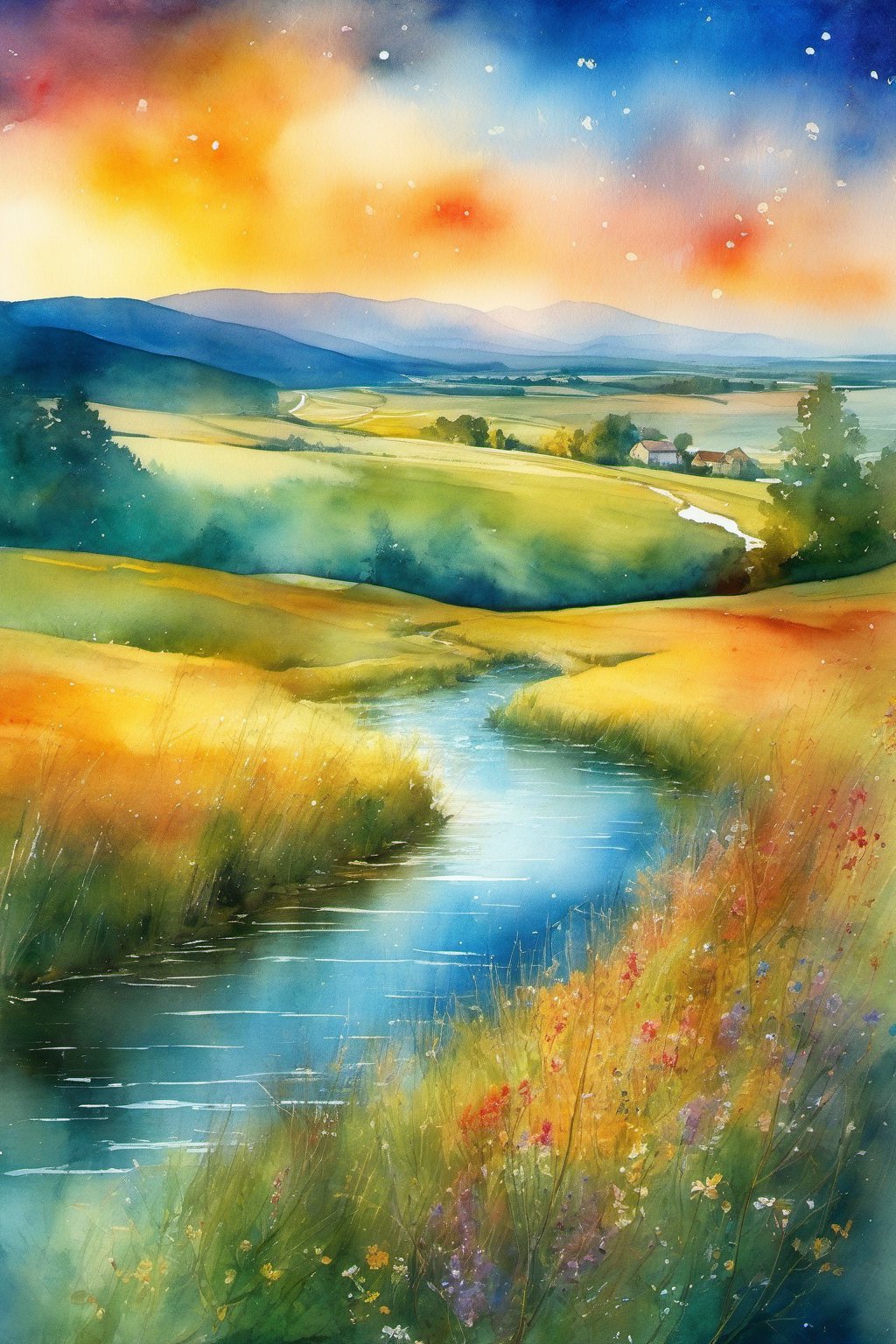 (masterpiece:1.4), best quality, watercolor, ink, oil and pencil, oil painting, cinematic photography lightning and reflective particles in the sky of a country field with winding river and wildflowers