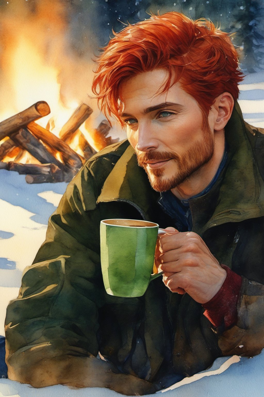 (masterpiece:1.4), best quality, watercolor, ink, oil and pencil, oil painting, (1man), (stubble), short-goatee, spiked_hair, red hair, smile, green eyes, sitting in front of a campfire, holding a cup of coffee, in winter, highly stylized and dramatic, soft natural volumetric light