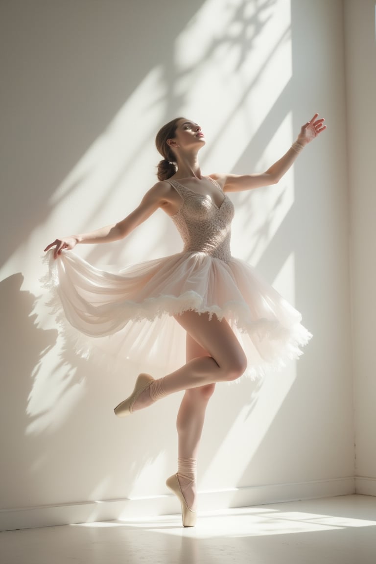 masterpiece, 8k, HDR, 3D, best quality, photography, analog style, real life, extremely beautiful, (highly detailed, intricately detailed), (highly detailed skin), (alluring eyes), A graceful ballerina dances in front of a white wall, her silhouette illuminated by a bright light casting a shadow on the wall behind her.