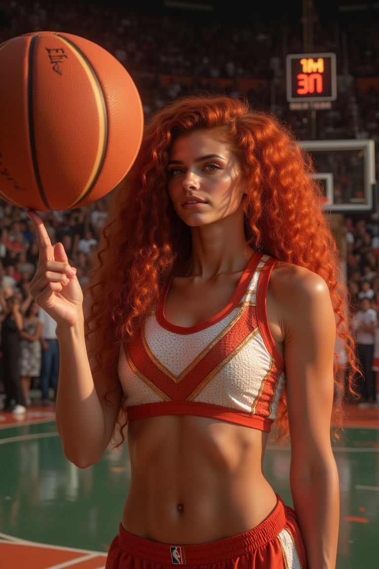 masterpiece, 8k, HDR, 3D, best quality, photography, analog style, real life, extremely beautiful, (highly detailed, intricately detailed), (very detailed skin), (alluring eyes), an image of a woman holding a basketball resting on one finger, spinning it, (1girl), small waist, (long curly autumn red hair), green eyes, wearing an NBA cheerleading uniform,