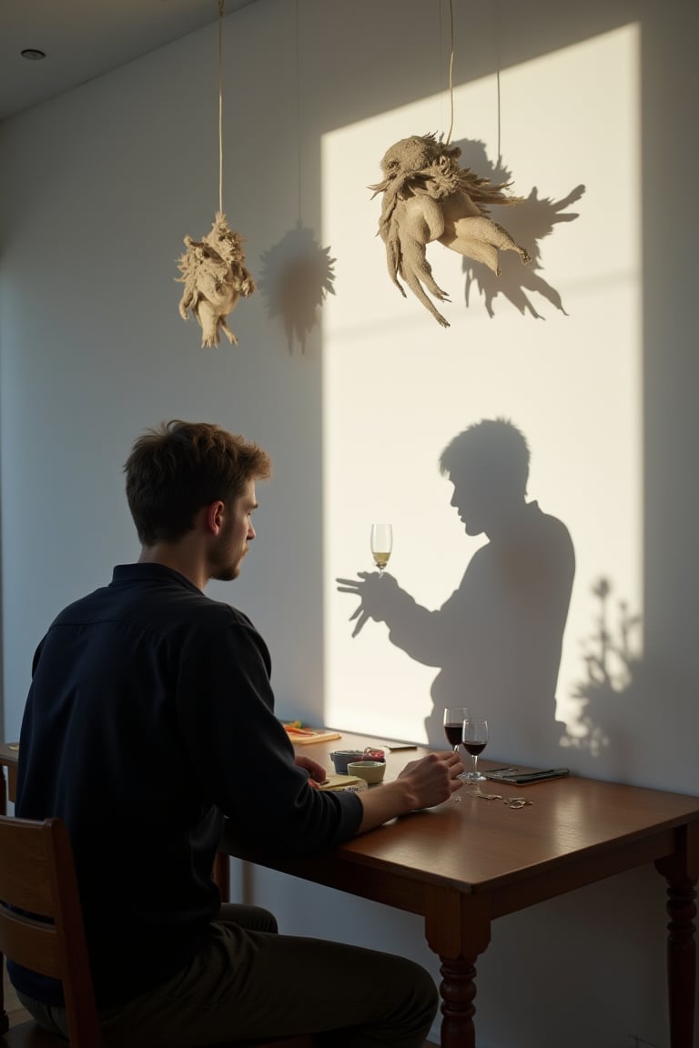 masterpiece, 8k, HDR, 3D, best quality, photography, analog style, real life, extremely beautiful, (highly detailed, intricately detailed), (very detailed skin), (alluring eyes), a picture of a man sitting at a table making shadow puppets on the white wall