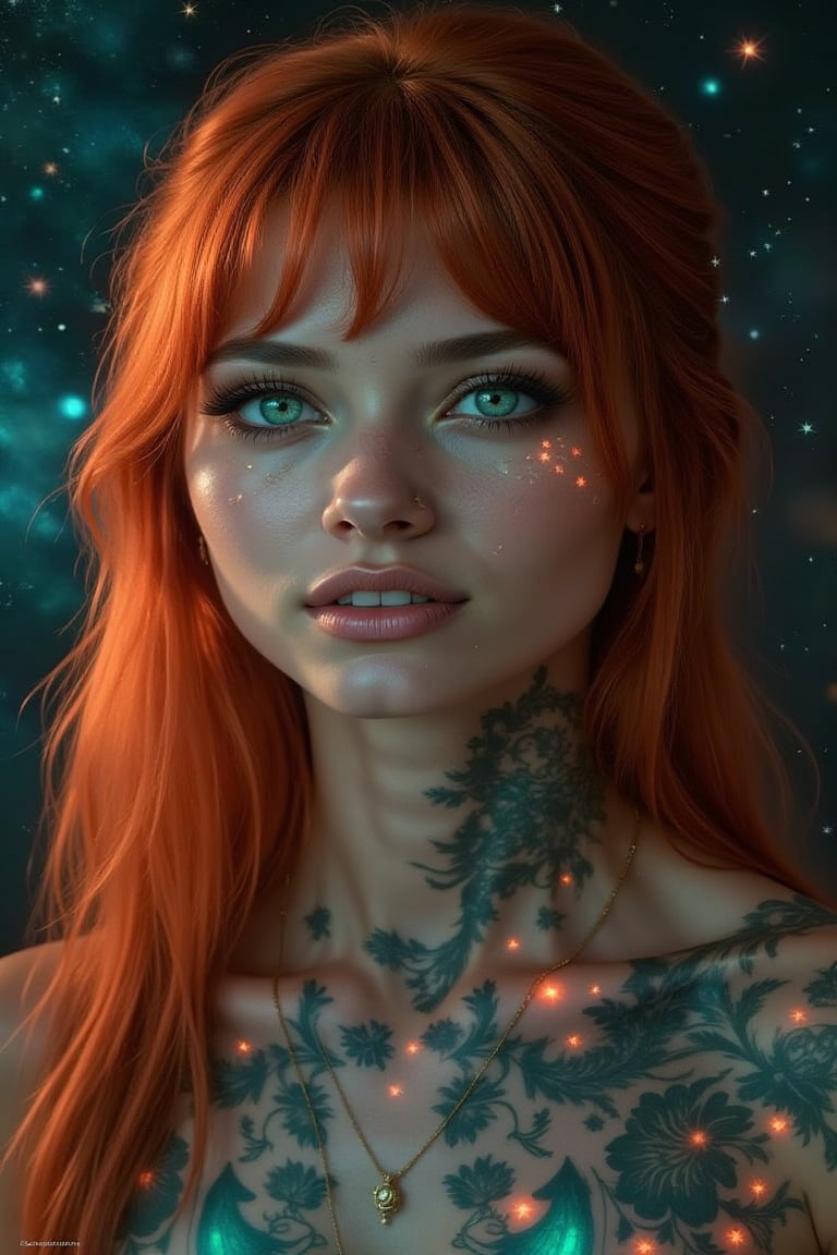 masterpiece, 8k, HDR, best quality, photograph, analog style, real life, extremely beautiful, (highly detailed, intricately detailed), (highly detailed skin), (alluring eyes), (1 Woman), Small Waist, (Long, Straight, Autumn Red Hair), Blue Eyes, Small Smile, Jewelry, Fantasy. Her skin glows with a soft, ethereal light and is adorned with neon tattoos that cover her face in intricate patterns. The tattoos emit a magical glow that illuminates her delicate features. Her eyes are large and bright, subtly shifting between shades of blue and green, as if they hold an ocean within them, adding a touch of magic to the scene. The background features a starry sky that enhances the dreamlike atmosphere, fantasy art, detailed eyes, magical eyes