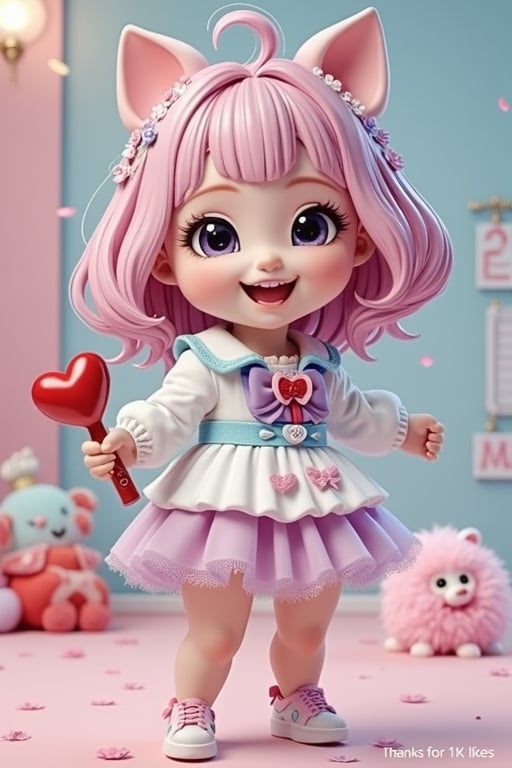 masterpiece, best quality, highly detailed, sharp focus, dynamic illumination, vivid colors, adorable_eyes, mischievous_smile, lovely_outfit, fluffy_pet, kawaii_pose, pastel_background, heart-shaped_weapon, texture detail, particle effects, storytelling elements, a sign "thanks for 1k likes"