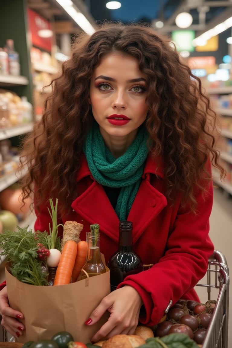 masterpiece, 8k, HDR, 3D, best quality, photograph, analog style, real life, extremely beautiful, (highly detailed, intricately detailed), (highly detailed skin), (alluring eyes), an image of (1girl), long curly brown hair, green eyes, mascara, red lips parted, glossy lips, red painted nails, looking at the viewer, wearing a red coat and a green aqua scarf, with a cart with a brown paper shopping bag filled with a variety of vegetables and items such as bread, an egg, wine, water, carrot coming out of the supermarket, a winter day, sunny