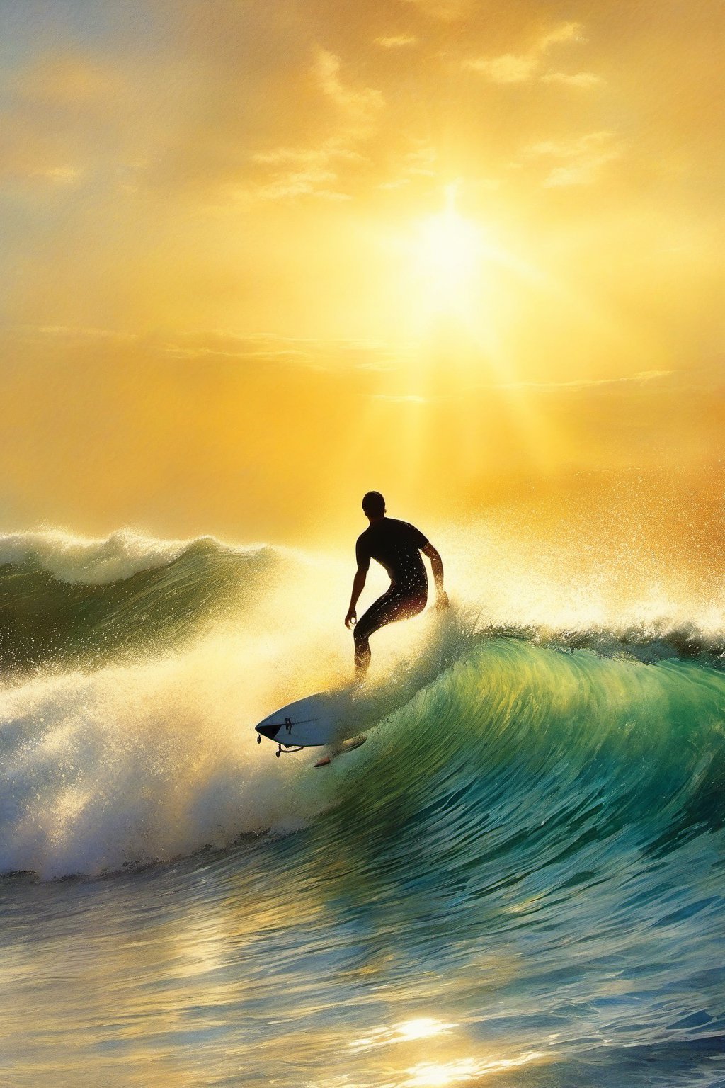 (masterpiece:1.4), best quality, watercolor, ink, oil and pencil, oil painting, a surfer riding the crest of a wave scintillating sunlight through water high speed still frame water droplets extreme detail action capture