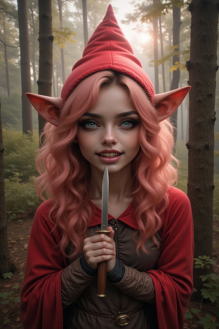 masterpiece, 8k, HDR, best quality, photograph, analog style, real life, extremely beautiful, (highly detailed, intricately detailed), (highly detailed skin), (alluring eyes), vampire teeth, a painting of a (1girl), small waist, (long curly pastle cream pink hair), blue eyes, (vampire teeth), with a knife in her hand, a character portrait, official screenshot, hybrid woman, close-up profile picture, portrait of a gnome, vampire teeth, featured art, robin hood clothes, red color, forest at sunset