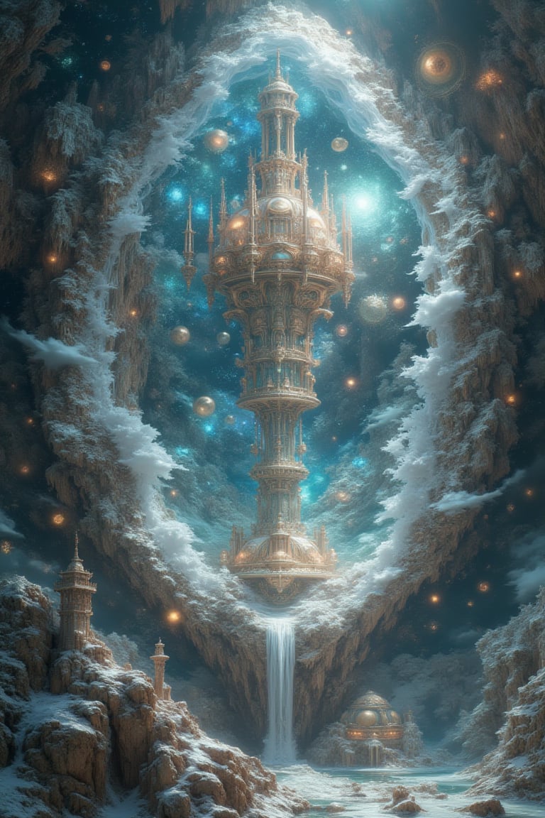 masterpiece, 8k, HDR, 3D, best quality, photography, analog style, real life, extremely beautiful, (highly detailed, intricately detailed), (very detailed skin), (alluring eyes), an image inside a giant crystal a floating city in the sky, a surreal landscape where buildings are made of delicate strands of spider silk and wind chimes made of pure crystal sing in harmony with the whispers of the gods