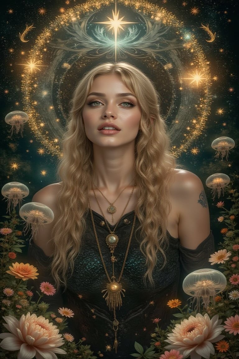 masterpiece, 8k, HDR, best quality, photography, analog style, real life, extremely beautiful, (highly detailed, intricately detailed), (highly detailed skin), (alluring eyes), (1girl), long curly blonde hair, blue eyes, little smile, a beautiful wiccan_witch mermaid with whimsical elements, amazing appearance, magical fairytale scenery, crafted art in fantasy style, black and gold theme, intricate details, exquisite detail, ultra-sharp and flawless composition, vivid colors, exciting background with bright flowers and a crescent moon, opalescence, fantastic crystal, sparkling, water drop, jellyfish, framed by plants, in the style of art nouveau