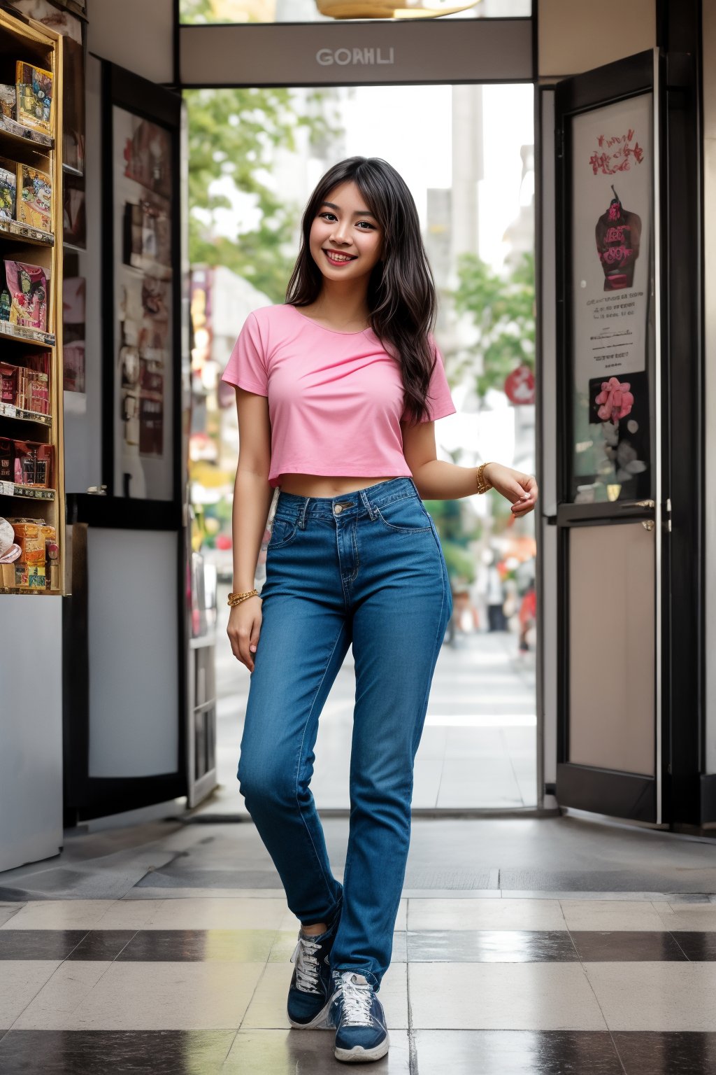 Full body shot of a young Malay woman's serene face, bathed in soft, natural lighting. Her warm smile and delicate features radiate joy as she takes in the bustling shopping mall surroundings. Golden locks cascade down her back like a river. Framed by vibrant storefronts, she stands out in her pink top, jeans pant, and colorful sneakers, exuding carefree elegance.