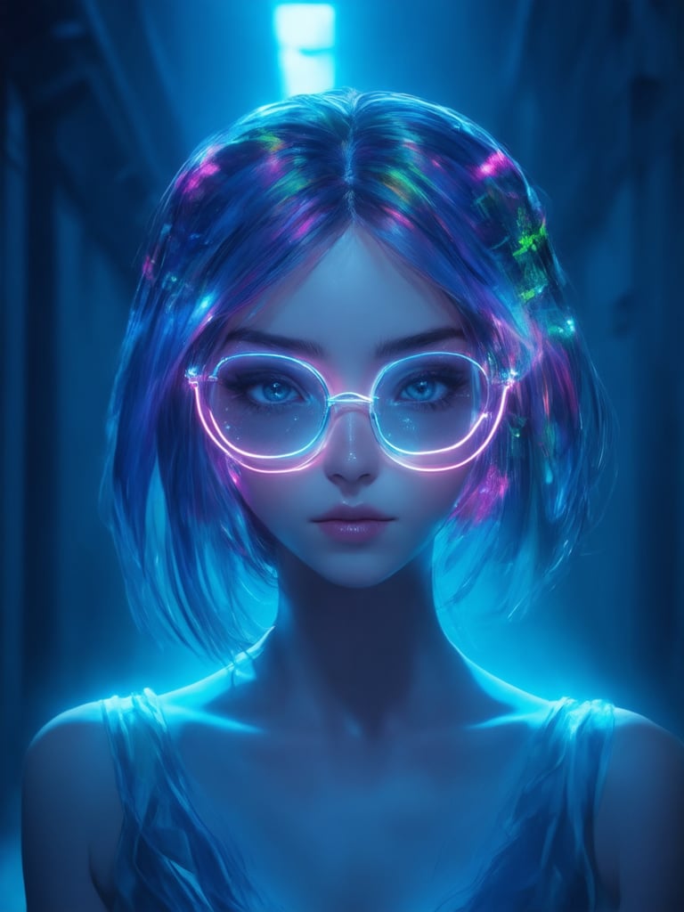 A cyberpunk girl with clear neon glasses, her gaze radiant in the dimly lit alleyway. The golden ratio is subtly woven into the intricate details of her elaborate hairstyle. In a world of fantasy and wonder, she stands out like a masterpiece. Set against a deep blue background, vibrant complementary colors dance across her features. Sharp focus captures every delicate detail on her face, from the rim light highlighting her cheekbones to the subsurface scattering illuminating her eyes. Light leaks and subtle shading add warmth and depth to this enchanting scene, reminiscent of art by Artgerm, Loish, or Wlop.