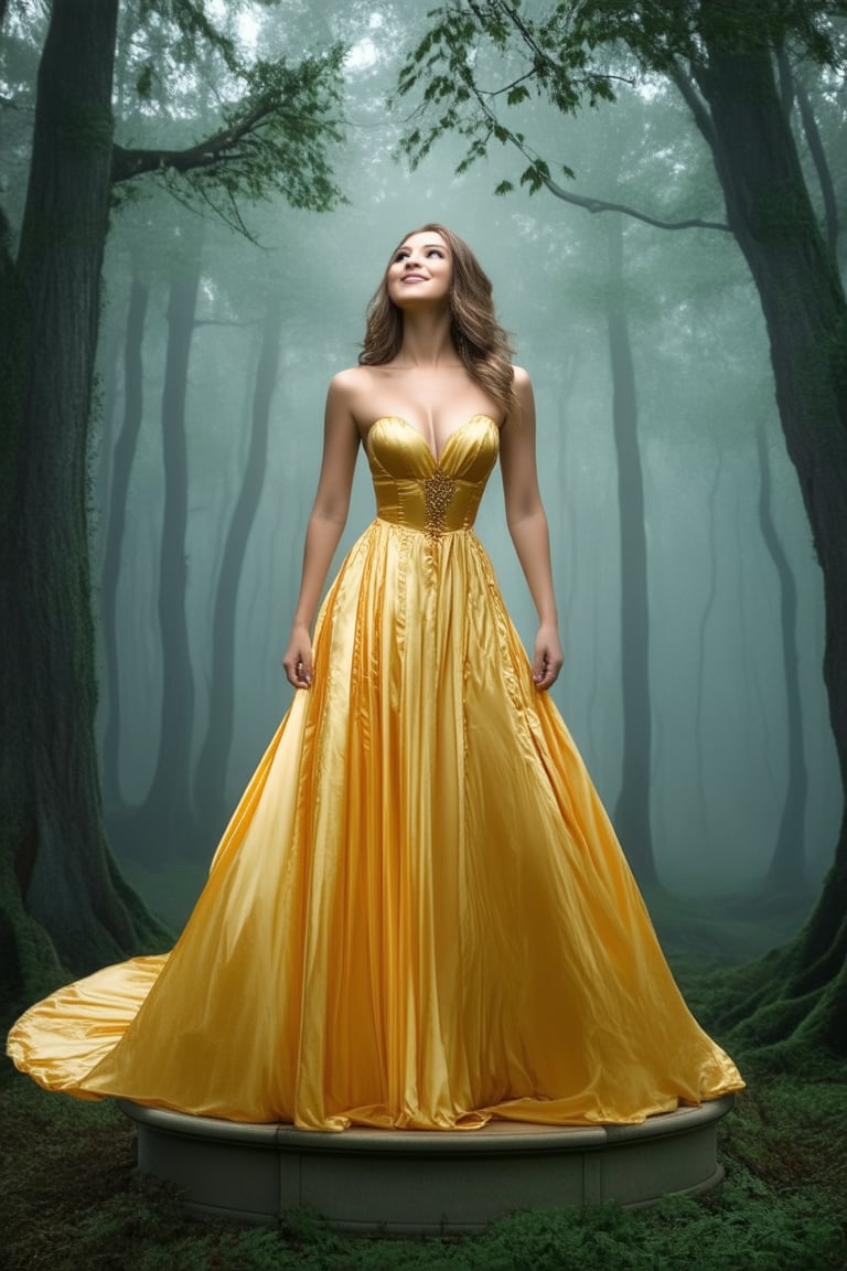 A stunning legend in a flowing golden dress, posing on a pedestal amidst a misty, mystical forest. Soft, ethereal lighting bathes her porcelain skin, as she gazes upward with an enigmatic smile. Rich foliage and towering trees frame the shot, while subtle hints of ancient magic swirl around her, capturing the essence of mythical lore.