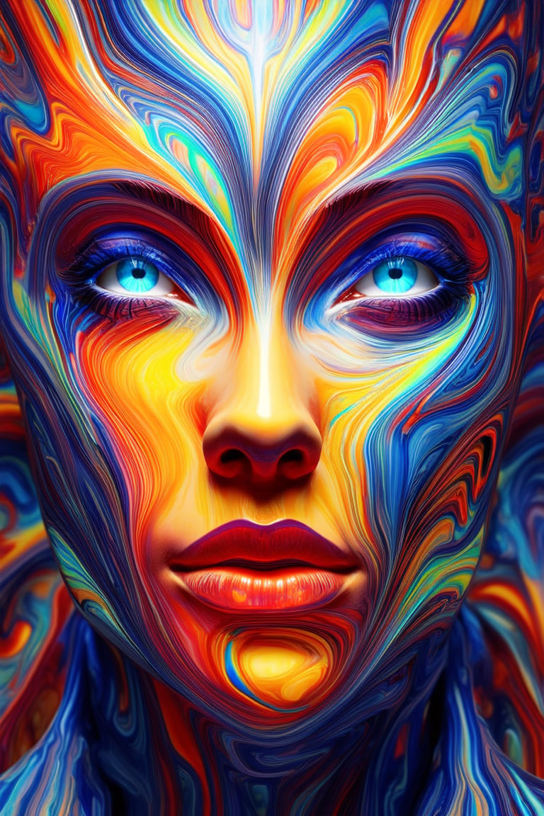 A vibrant 3D illustration of a face, rendered in bold, swirling colors that seem to pulse with energy. The subject's features are stylized and exaggerated, with bright blue eyes and a cheekbone structure that appears almost three-dimensional. A kaleidoscope of hues dances across the skin, creating a mesmerizing visual effect.