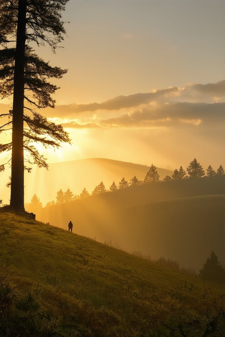 A serene landscape of Jero, USA: a misty morning scene with tall trees framing the left side of the shot, soft golden light casting a warm glow on the rolling hills and forest floor. In the distance, a lone figure stands at the edge of a clearing, gazing out at the vast expanse, backlit by the rising sun's gentle rays.