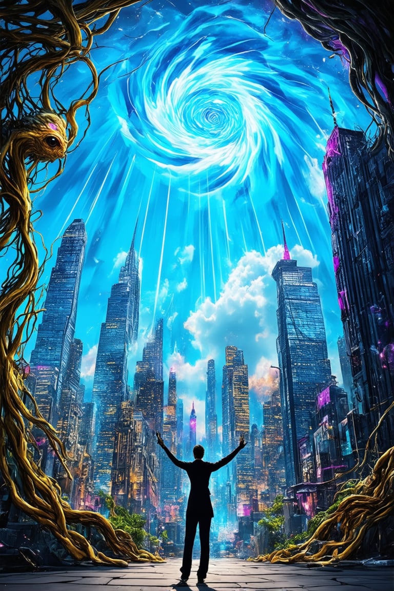 A vibrant, surreal dreamscape: a cityscape with towering skyscrapers morphing into fantastical creatures, their bodies twisting and curling like vines. The sky is a swirling vortex of blues and purples, with sunbeams piercing through the clouds like rays of hope. In the foreground, a lone figure stands at the edge of this mystical realm, arms outstretched as if embracing the dream.