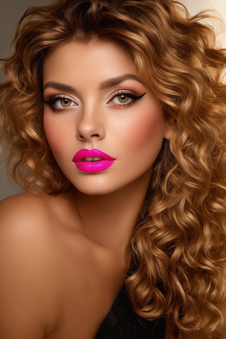 A close-up shot of a woman in the 1980s era, her face glowing with a radiant complexion. She's wearing bold, bright makeup with vibrant pink lipstick and heavy mascara-lashed eyelids. Her hair is styled in loose, voluminous curls, framing her heart-shaped face. A soft, golden lighting illuminates her features, creating a warm and inviting glow.