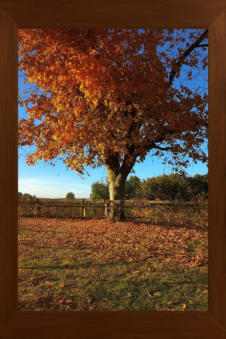 A serene autumn landscape: a warm sun casts golden light on a bed of crunchy leaves, rustling in the gentle breeze. A majestic oak tree stands tall, its branches adorned with vibrant orange and crimson hues. The surrounding trees are ablaze with fiery color, set against a soft blue sky with only a few wispy clouds. The scene is framed by a rustic wooden fence, overgrown with vines and creepers.