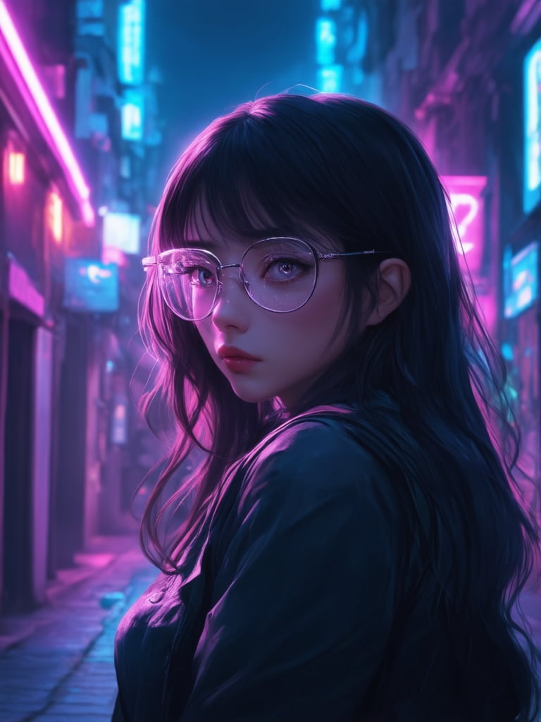 In a neon-lit alleyway, a cyberpunk girl with clear glasses and intricate, decadent details gleams like a digital masterpiece. Golden ratio composition frames her pose as she gazes out at the cityscape. Smooth, sharp focus on her detailed face and eyes shines through the 32K UHD rendering. Soft light leaks and subsurface scattering illuminate her features, while rim light accentuates the vibrant complementary colors of the deep background. Art by Artgerm, Loish, or Wlop would bring this heartwarming, uplifting, charming scene to life.