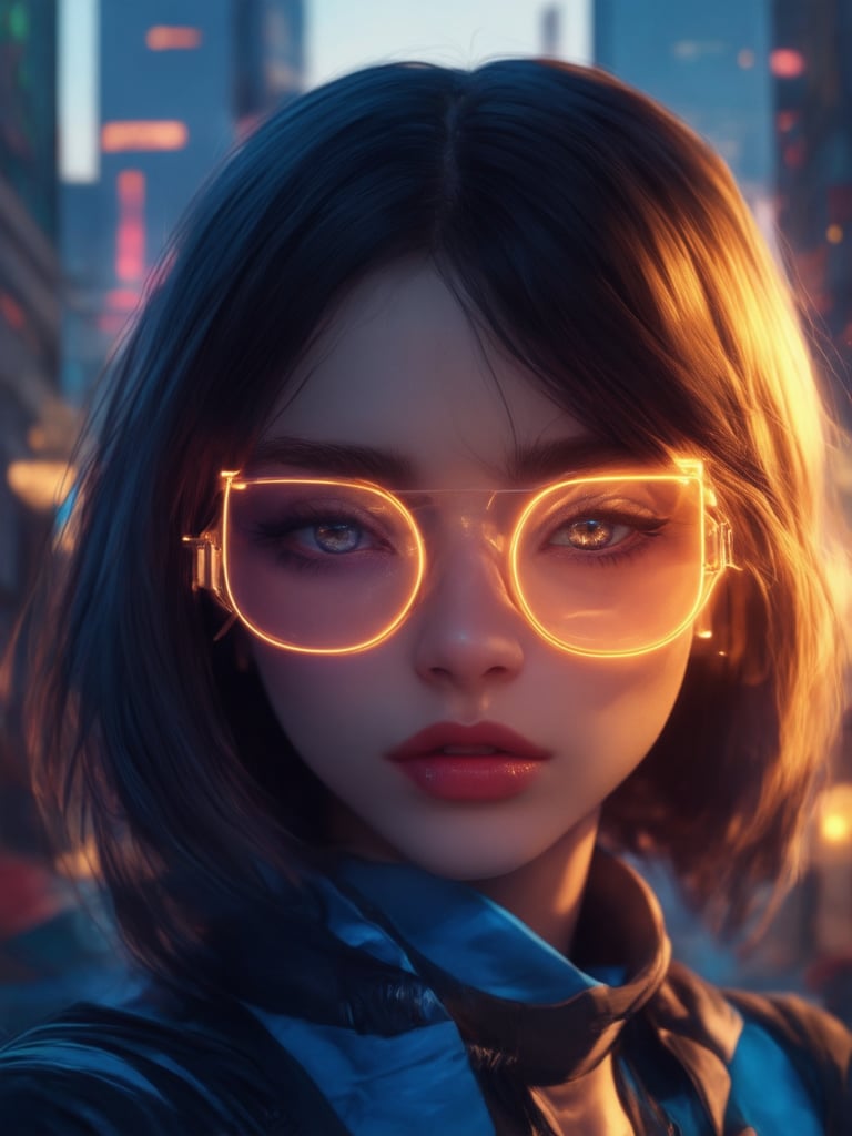 A cyberpunk girl wearing clear neon glasses, surrounded by a futuristic cityscape at dusk. The scene is bathed in warm golden light, with subtle gradient effects and intricate details that follow the golden ratio. In UHD resolution, every feature is razor-sharp: her piercing eyes, defined facial structure, and intricate hair styling. Light leaks and subsurface scattering create a mesmerizing atmosphere, with rim lighting accentuating her features. The deep background is a kaleidoscope of vibrant colors, complementing her neon glasses and adding depth to the composition. Heartwarming, uplifting, and charming, this artwork by Artgerm, Loish, or Wlop would be a true masterpiece on Artstation.