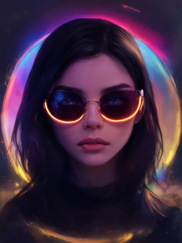 A cyberpunk girl with clear neon glasses, framed by a golden ratio composition, shines in a 32k UHD digital painting. Her intricate, decadent features are rendered in smooth, high-quality detail by Artgerm or Loish. The scene is bathed in beautiful lighting and shading, with subtle light leaks and subsurface scattering. Rim light accentuates her striking face, while the vibrant complementary colors of the background create a sense of depth. The overall effect is heartwarming, uplifting, and charming, inviting the viewer to step into this fantasy world.