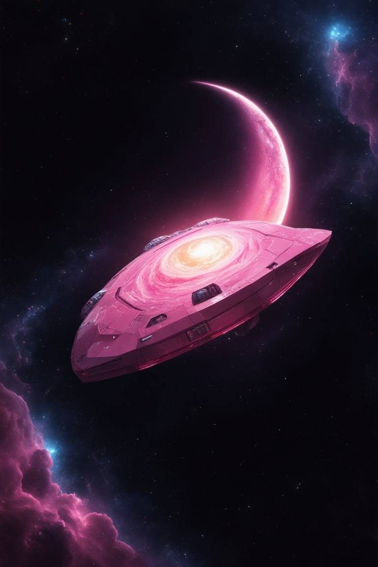 A futuristic, 3D-rendered scene depicts a pink-hued galaxy with swirling nebulae and stars, set against a deep black background. A glowing pink spaceship, shaped like a crescent moon, hovers in the center of the frame, surrounded by a halo of light. The composition features a sense of depth and dimensionality, with subtle gradients and textures adding visual interest.