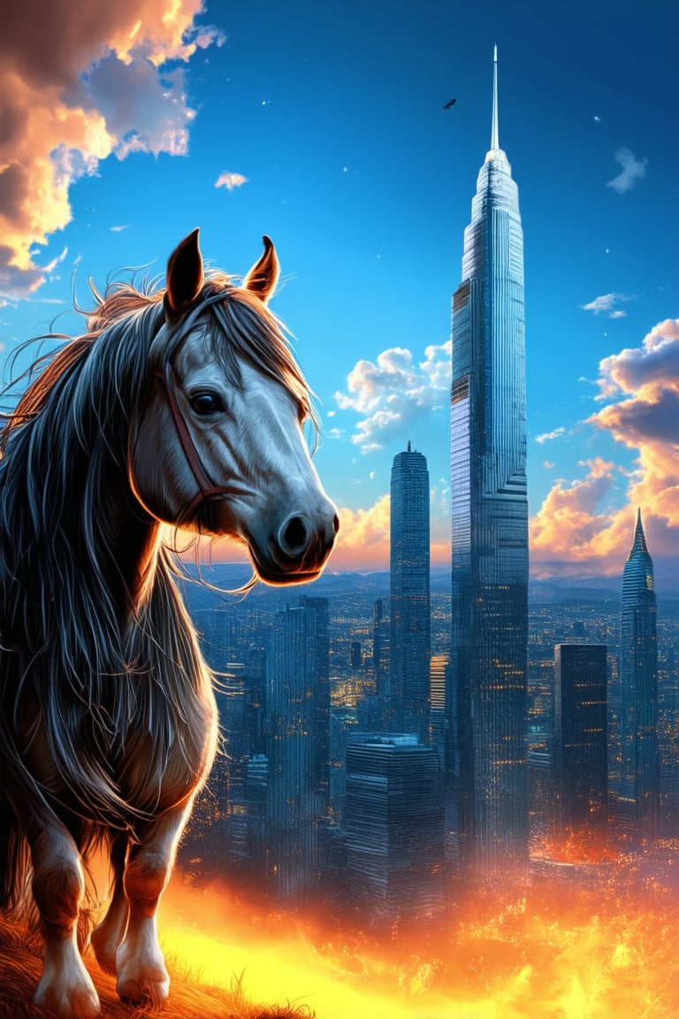 A vibrant dream scene: A surrealistic cityscape with glowing skyscrapers and wispy clouds at sunset. In the foreground, a majestic centaur with shimmering silver coat and flowing mane stands atop a hill, gazing out at the breathtaking vista, as if lost in thought.