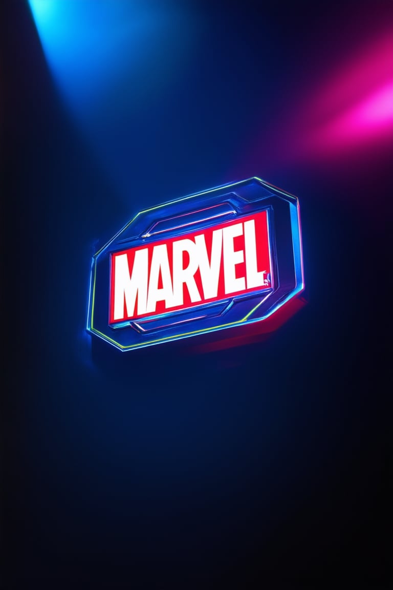 A dynamic close-up shot of Marvel's iconic bright logo, illuminated by a vibrant neon light, with bold colors and sharp lines emphasizing its futuristic design. The logo is centered in the frame, against a dark blue background, with subtle gradient effects adding depth. The camera angle showcases the intricate details of the design, inviting viewers to gaze into the radiant emblem.