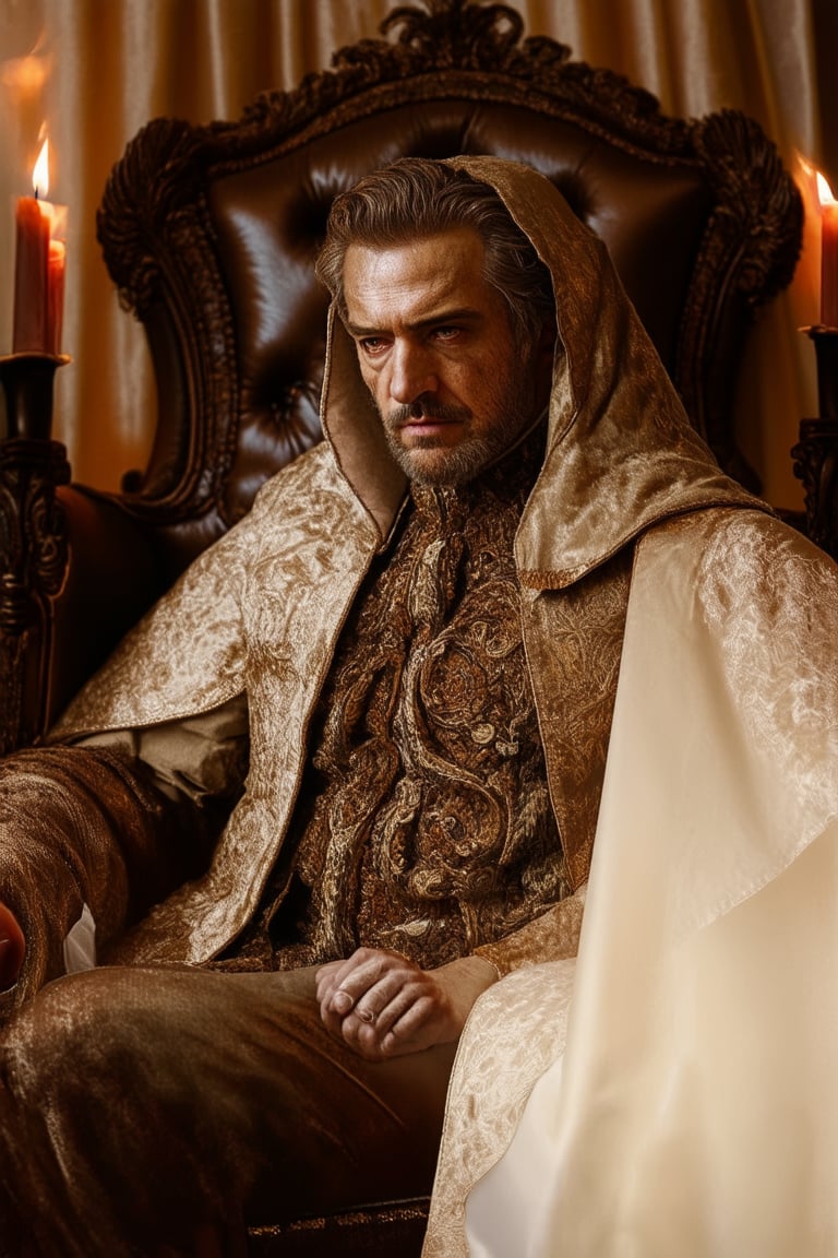 A majestic king, cloaked in regal finery, sits upon a worn leather throne, surrounded by ornate tapestries and flickering candlelight. His weathered face, etched with wisdom and age, is set in a solemn expression, as if contemplating the weight of his legendary reign. The soft focus of the photograph emphasizes the subject's grandeur.