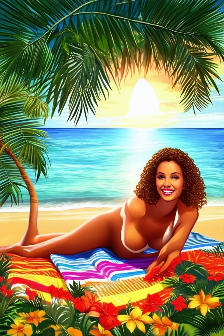 A warm sunset casts a golden glow on a serene summer day. A young woman, with effortless curls and a bright smile, lounges on a colorful beach towel, surrounded by lush greenery. Vibrant flowers and palm trees sway gently in the breeze as she gazes out at the tranquil ocean horizon, radiating carefree joy.