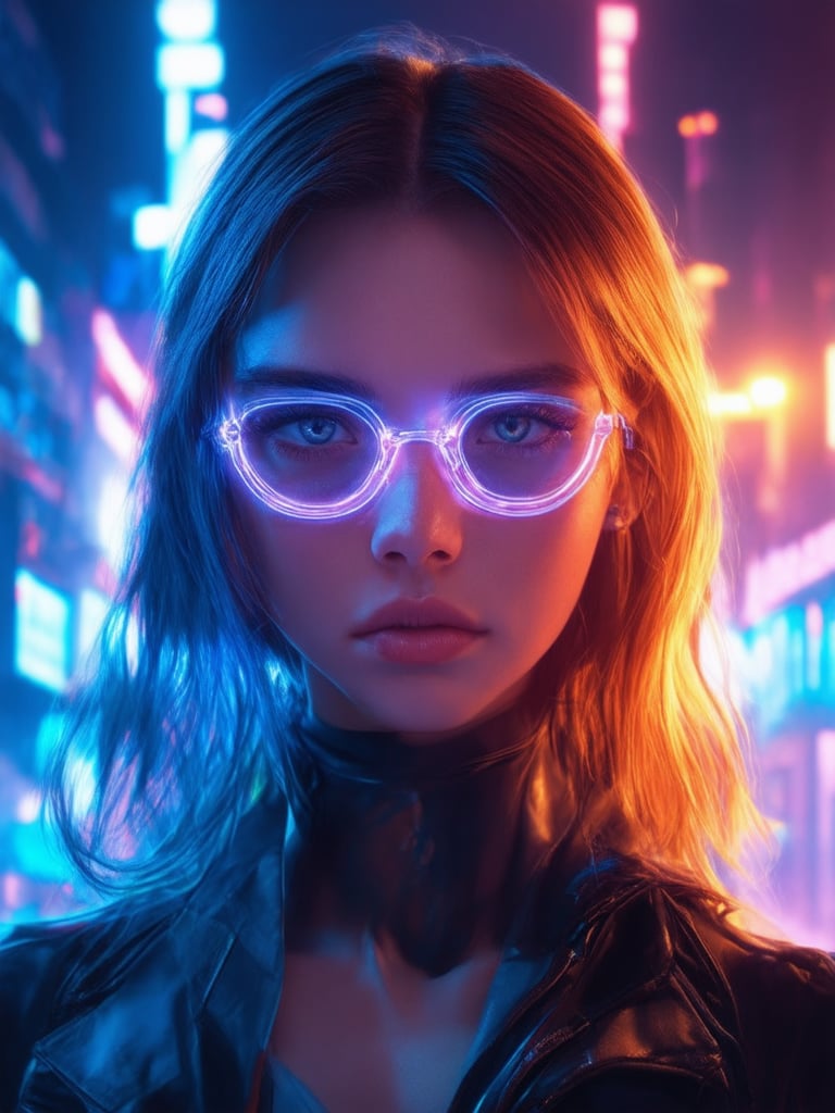 A cyberpunk girl stands amidst a neon-lit cityscape, wearing clear neon glasses that refract the vibrant hues. Her piercing gaze shines with golden ratio proportion, as if framed by an intricate filigree of light and shadow. In 32K UHD resolution, her face is rendered in smooth, sharp focus, with detailed eyes and facial features that seem to leap off the canvas. A warm glow emanates from the rim light, casting a flattering sheen on her skin. The background hums with subsurface scattering, as light leaks and vibrant complementary colors dance across the scene, drawing the viewer's eye deeper into the ever-after high fantasy world.