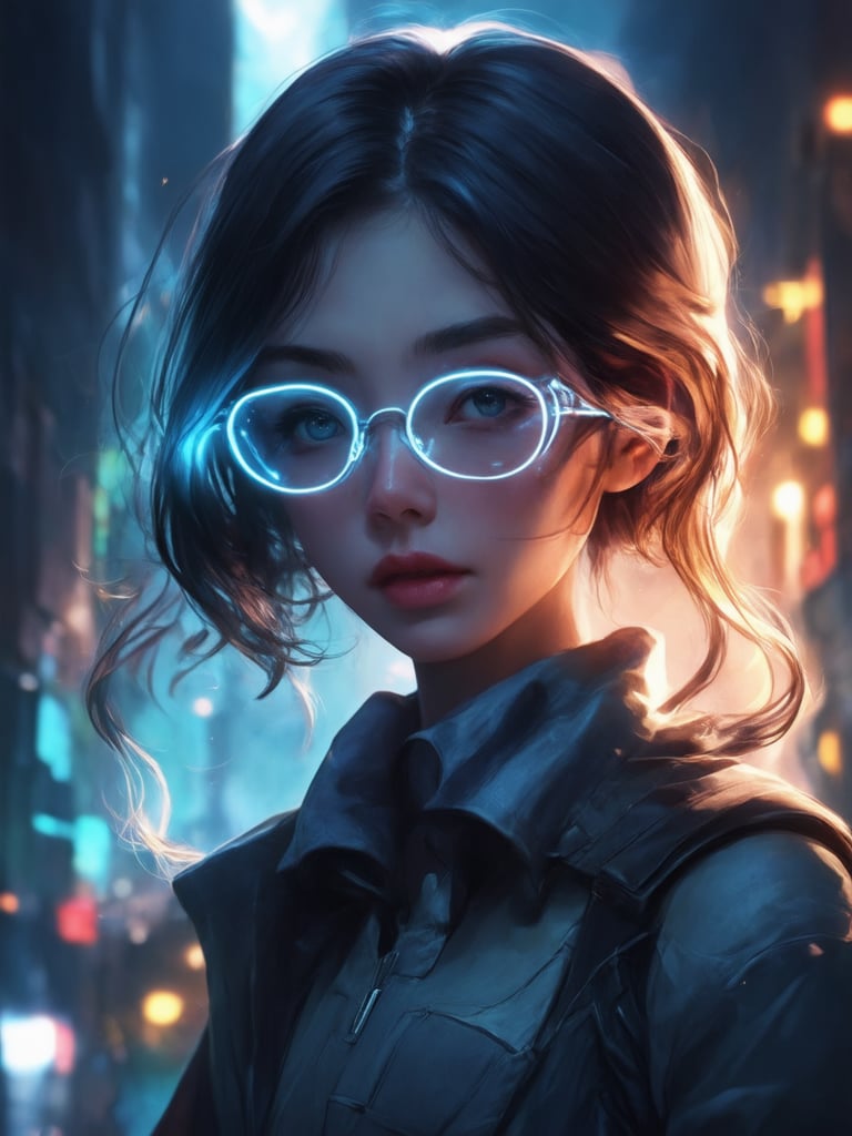 A cyberpunk girl with clear neon glasses shines bright in a golden ratio-framed shot, set against a deep, vibrant cityscape. Her intricate, decadent details are rendered in 32k UHD, with smooth, sharp focus on her charming face and eyes. The lighting is a masterpiece of rim light, subsurface scattering, and light leaks, creating an uplifting, heartwarming atmosphere. Art by Loish, Wlop, or Artgerm, this concept art piece is a true work of art.