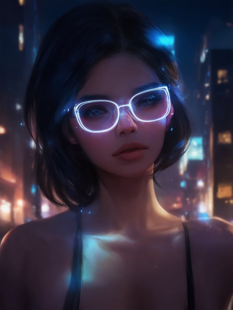 A cyberpunk heroine stands against a vibrant cityscape at dusk. Wearing clear neon glasses, her gaze shines bright like the stars above. Intricate details and golden ratio proportions define her delicate features. A masterpiece of digital painting, rendered in 32k UHD, with smooth, sharp focus on her captivating eyes and face. Soft light leaks and rim lighting enhance the scene, as subsurface scattering adds depth to the subject's skin. The background glows with warm hues, a blend of vibrant complementary colors that pop against the cool tones of the city.