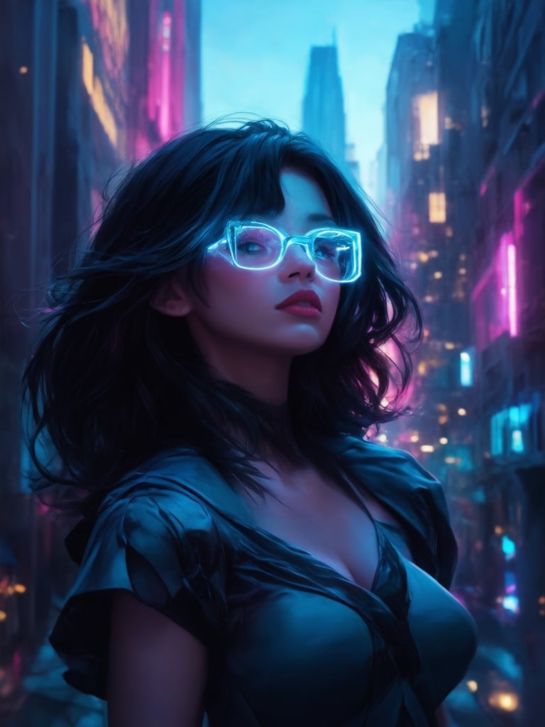 Neon-lit metropolis at dusk: a cyberpunk girl with clear neon glasses stands out against the golden ratio-inspired cityscape. Her intricate, decadent attire shimmers under the warm glow of light leaks and rim lighting. Eyes gleam with a sense of wonder as she gazes upward, surrounded by vibrant complementary colors and deep background details. Sharp focus on her face highlights the highest quality digital painting, reminiscent of Artgerm's or Loish's masterpieces.