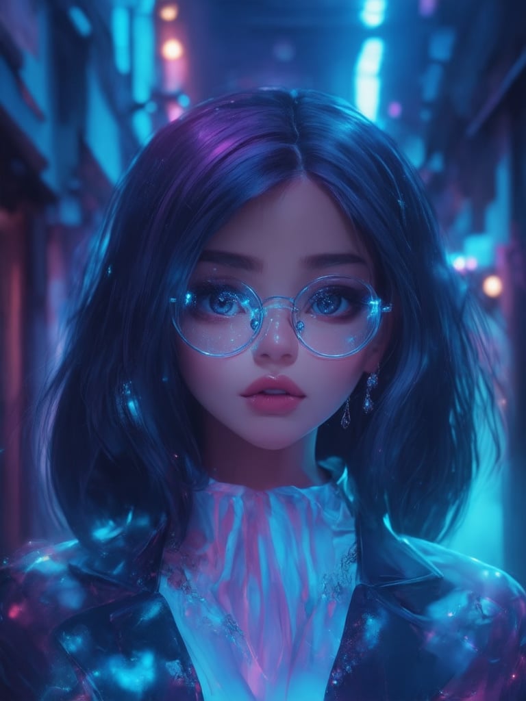 In a neon-lit alleyway, a cyberpunk girl with clear glasses shines like a beacon. Her golden ratio-perfect features are rendered in 32K UHD detail, as if plucked from the fantasy realm of Ever After High. Intricate and decadent textures adorn her cyberpunk attire, illuminated by subsurface scattering and rim light. Light leaks dance across the frame, casting a warm glow on the vibrant complementary colors that pop against the deep background. Her eyes, a masterpiece of detailed focus, sparkle like diamonds in the high-quality illustration, reminiscent of Artgerm's or Loish's style. Wlop's signature smoothness brings this heartwarming and uplifting scene to life.