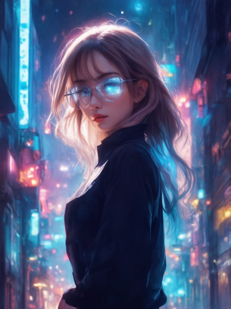 A captivating cyberpunk girl stands amidst a neon-lit cityscape, donning clear glasses that refract the vibrant hues around her. Her golden ratio-posed figure is set against a decadent, intricately detailed backdrop, as if emerging from a fantastical realm. The 32K UHD digital painting exudes smooth, sharp focus and masterful illustration, reminiscent of Artgerm's and Loish's styles. Heartwarming, uplifting, and charming, her expression shines with highest quality detail in her eyes and face. Light leaks and subsurface scattering enhance the atmosphere, while rim light accentuates her features against a deep, vibrant background.