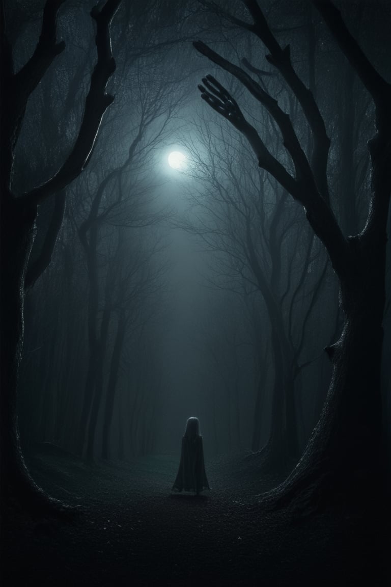 A dark, mysterious forest at dusk, with twisted tree branches like skeletal fingers reaching towards a faint moonlight glow. In the center, a lone figure emerges from the shadows, their ethereal beauty illuminated by the soft lunar light, surrounded by an aura of mystique and allure.