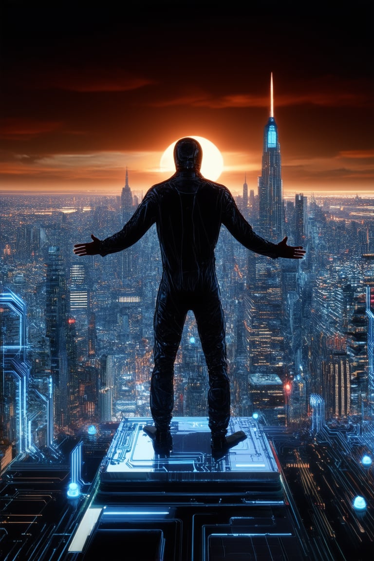 A futuristic cityscape at dusk with a sprawling metropolis in the background, illuminated by a warm orange glow. In the foreground, a lone figure, dressed in a sleek black jumpsuit and glowing blue circuits, stands atop a holo-projected platform, arms outstretched as if embracing the digital realm. The atmosphere is charged with an otherworldly energy.