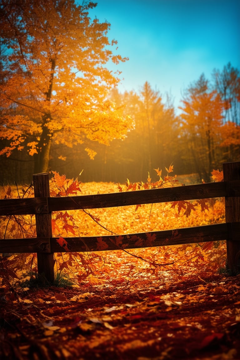 Golden light falls upon a rustic wooden fence as autumn's vibrant hues unfold. Leaves of burnished orange, rusty red, and honey yellow carpet the forest floor. A lone tree stands tall, its branches etched against a cerulean sky. The air is crisp with the scent of decaying leaves and woodsmoke.