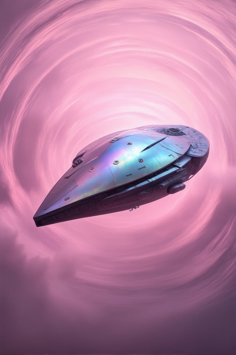 Floating amidst a swirling vortex of pink mist, a 3D spaceship with iridescent hull and gleaming metallic accents emerges from the fog, its sleek lines and futuristic design radiating an otherworldly glow. Soft pink light illuminates the scene, casting a warm ambiance over the extraterrestrial landscape.