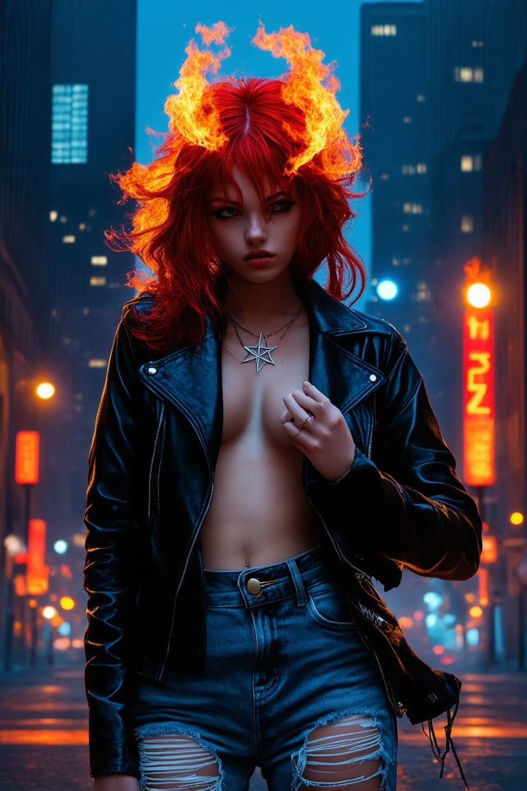 A sultry teenage girl with fiery red hair, wearing a black leather jacket and ripped jeans, poses confidently in front of a neon-lit cityscape at night. She's surrounded by swirling mist and flickering streetlights, her eyes glowing like embers as she summons a demonic aura. Her hand rests on a gleaming silver pentagram, channeling her inner devil.