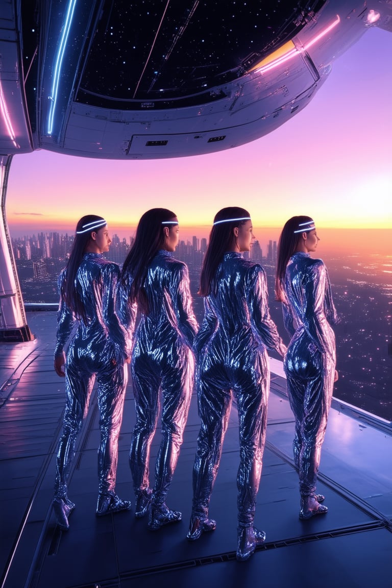 A futuristic spacecraft hovers above a gleaming cityscape at sunset. Five space girls, clad in shimmering silver jumpsuits and adorned with glowing neon headbands, pose against the ship's metallic hull. Their long hair flows like stardust as they gaze up at the sky, where a swirling vortex of purple and blue lights up their adventure.