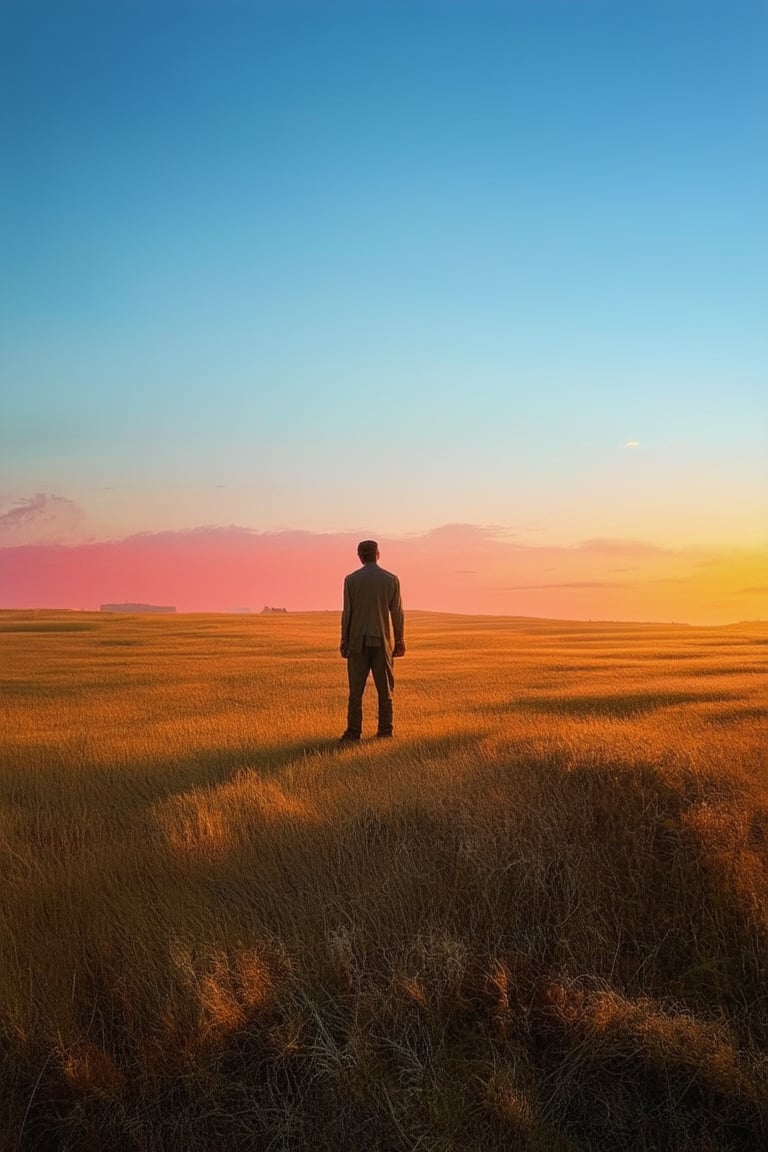 A serene landscape of a vast prairie at sunset, with Jero standing tall in the distance. He's dressed in earthy tones, his face calm and introspective as he gazes out upon the rolling hills. The warm golden light casts long shadows behind him, while the sky above is painted with hues of pink and orange.