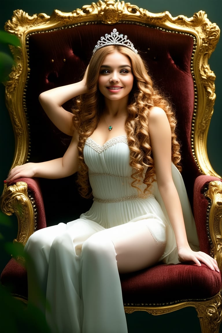 A stunning young woman with long, curly hair and a radiant smile sits regally on a velvet throne, surrounded by ornate gold frames and lush greenery. Soft, golden lighting casts a warm glow on her porcelain skin as she gazes out confidently, one hand resting on the armrest and the other holding a delicate, gemstone-encrusted tiara.