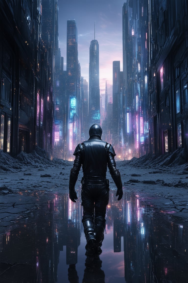 A futuristic cityscape at dusk: a holographic projection of a sprawling metropolis floats above the dusty wasteland, its sleek skyscrapers and neon-lit streets reflected in the cracked earth. In the foreground, a lone traveler in worn leather armor approaches the shimmering portal, eyes fixed on the promise of a better tomorrow.