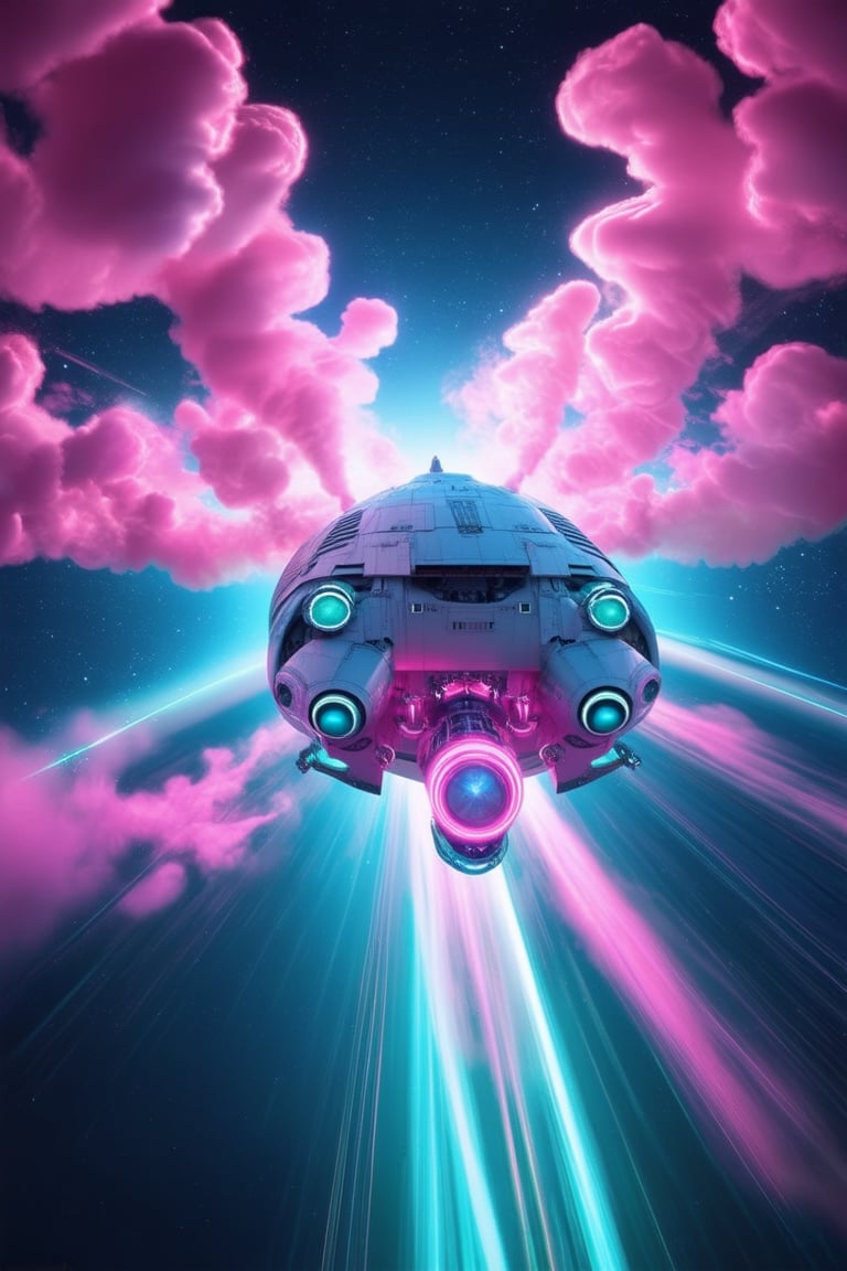 A futuristic 3D pink space scene: a swirling vortex of neon pink gas clouds fills the frame, illuminated by soft blue-green lighting. Against this vibrant backdrop, a sleek silver spaceship with glowing engines cuts through the cosmos, its trajectory defined by wispy trails of pink smoke. Composition emphasizes the ship's dramatic entrance into the colorful expanse.