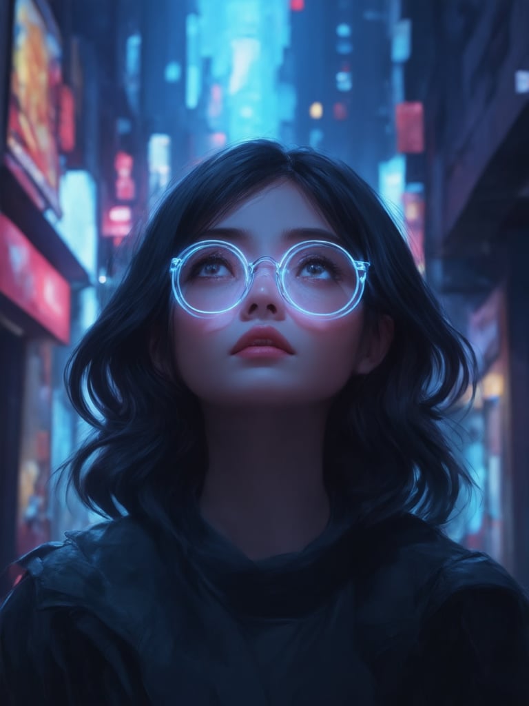 In a dimly lit cyberpunk alley, a captivating girl with clear neon glasses gazes upward, her intricate features illuminated by the soft glow of nearby holographic advertisements. Golden ratio details harmonize in her delicate face, set against a decadent backdrop of neon-laced cityscapes. The 32K UHD digital painting masterclass features sharp focus on her enchanting eyes and face, as if she's been transported from a fantasy world into our midst. ArtStation-worthy concept art by the likes of Artgerm, Loish, or Wlop brings this charming, heartwarming scene to life with smooth, detailed brushstrokes. Light leaks and subsurface scattering create an otherworldly ambiance, while rim light accents her striking features against a deep, vibrant background.