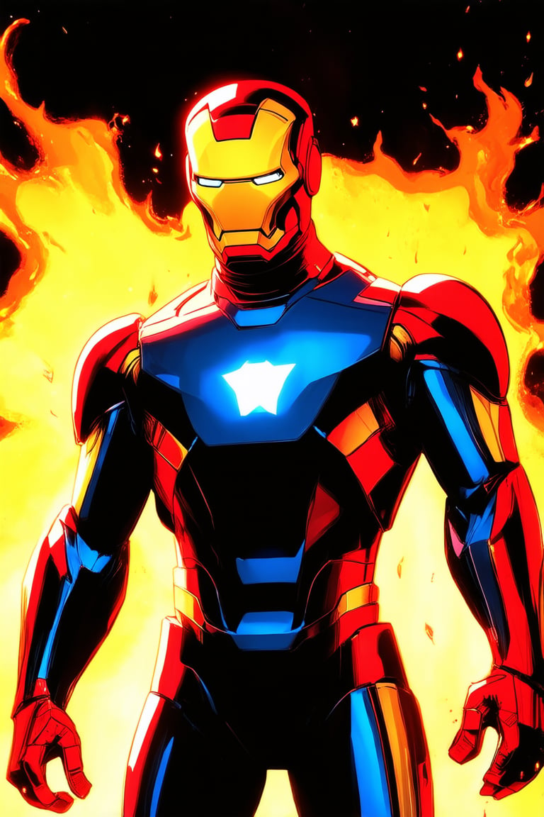 A vibrant and dynamic illustration of the Marvel universe's iconic bright colors, with a bold comic book-inspired aesthetic. A gleaming Iron Man suit in metallic hues shines against a backdrop of fiery oranges and yellows, as if emblazoned on the cover of a superhero comic book. The lighting is dramatic, with bold shadows accentuating the suit's curves.